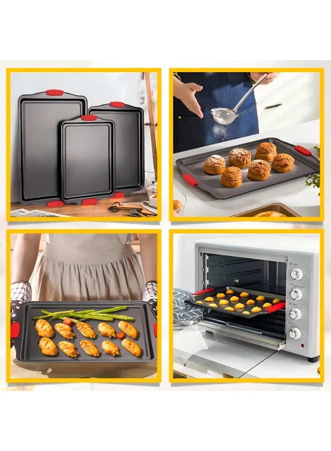 مجموعة صواني خبز غير لاصقة مكونة من 3 قطع (كبير، متوسط، صغير)، صواني فرن من الفولاذ الكربوني بمقابض سيليكون، غير سامة، مقاومة للتشوه والصدأ، سهلة التنظيف، آمنة للاستخدام في الفرن، مناسبة للكعك والبراونيز والبيتزا، آمنة للغسل في غسالة الصحون للخبز في المطبخ - Image 5